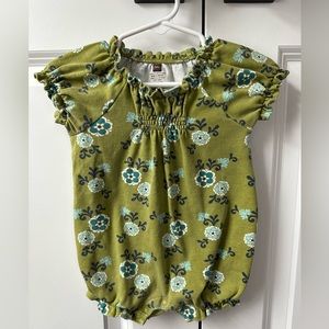 Tea Collection Girls Green Floral Romper (Size 12-18 Months)